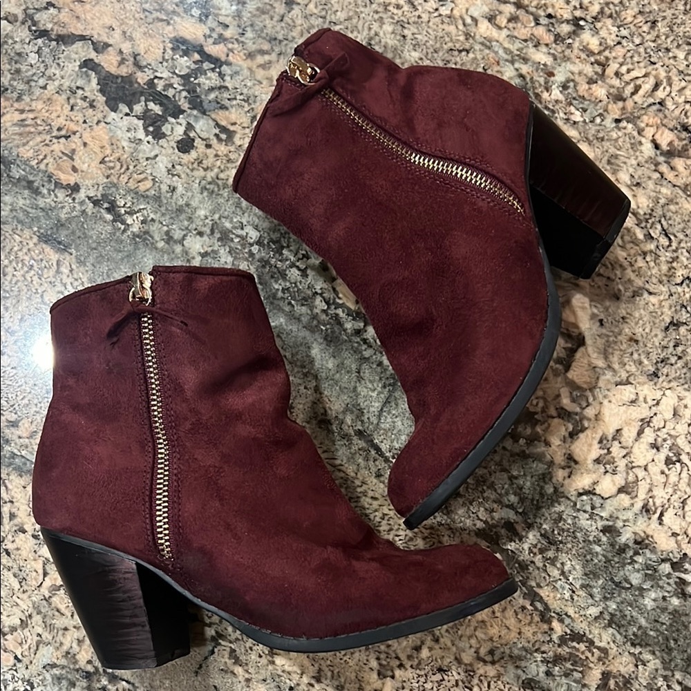 Brown/ Maroon Ankle Boots with Suede Texture and Chunky Heel